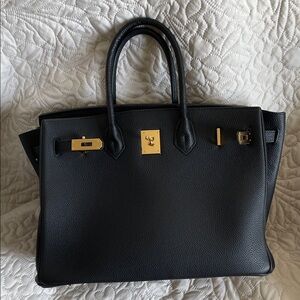 Black Leather Top-Handle Shoulder Bag with Gold Hardware